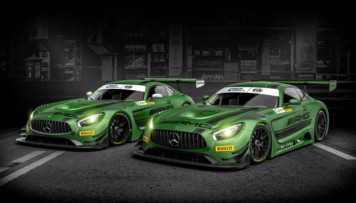Two green Mercedes-AMG GT3 race cars on a street