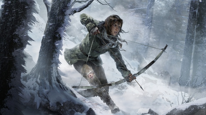 Lara Croft from Rise of the Tomb Raider in a snowy forest