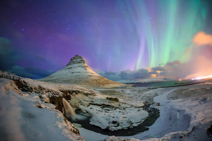 Kirkjufell Mountain and Aurora Borealis in Iceland