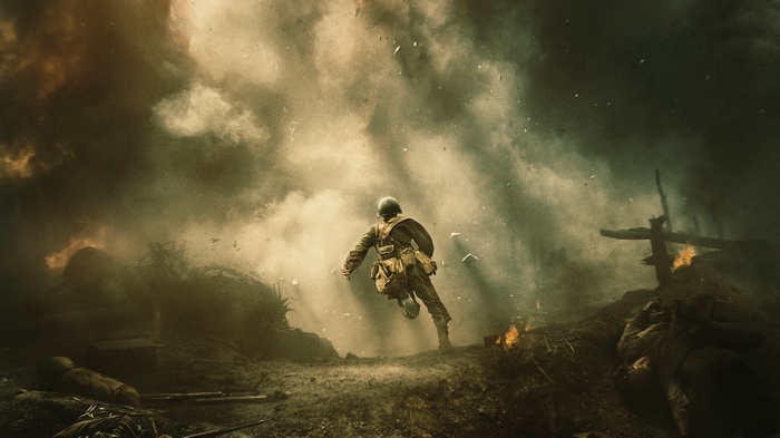 Soldier running through battlefield from Hacksaw Ridge