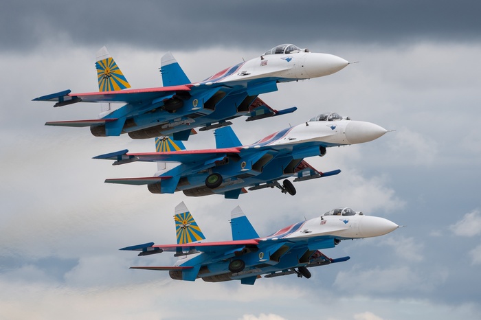 Three Russian Air Force Sukhoi Su-27 fighter jets in formation