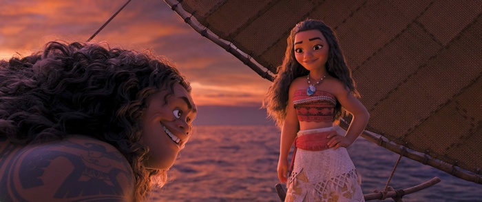 Moana and Maui on a boat