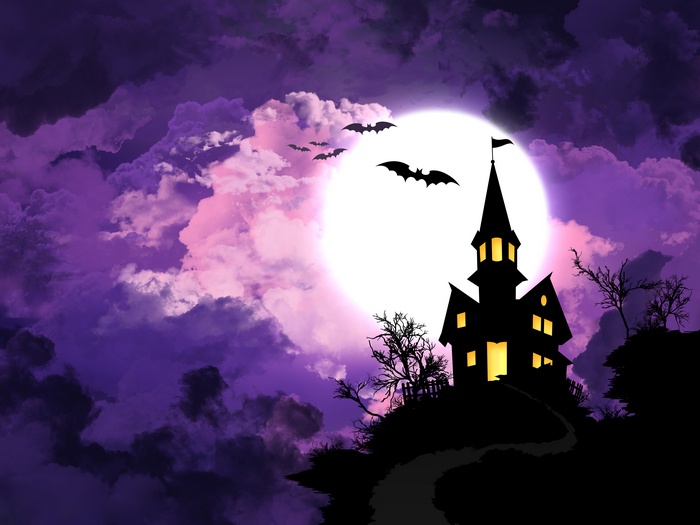 Haunted house with bats and moon