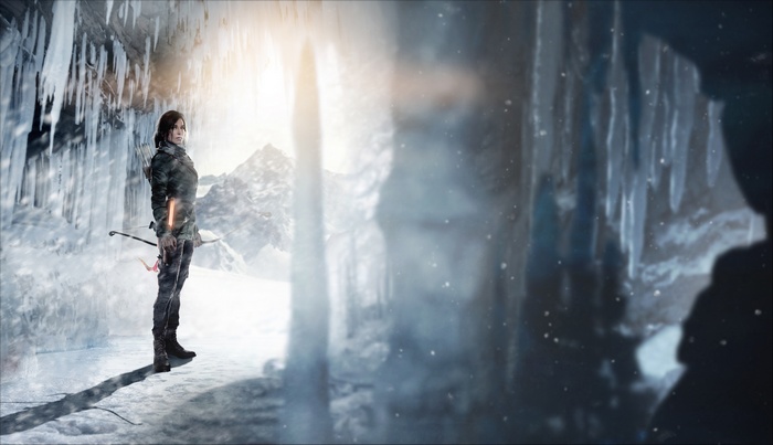 Lara Croft from Tomb Raider in a snowy cave