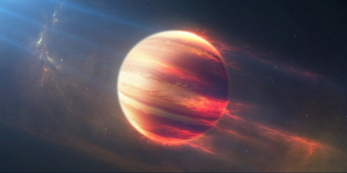 A gas giant planet with fiery clouds in space