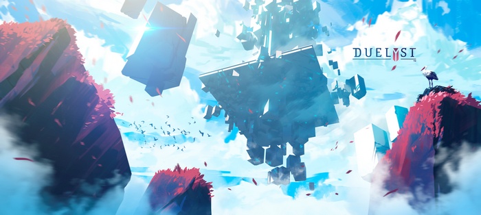 Duelyst game art with floating islands and a stork