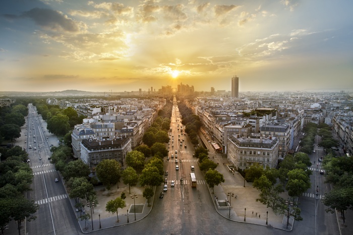 4K Paris La Défense cityscape at sunset