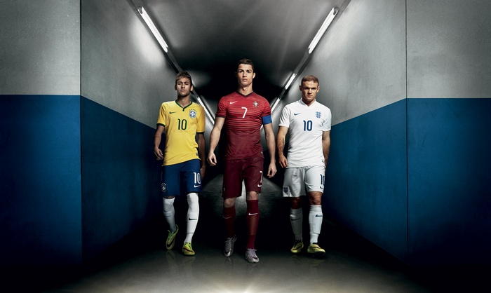 Neymar, Cristiano Ronaldo, and Wayne Rooney in soccer kits