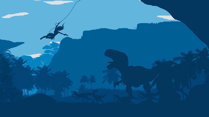Lara Croft from Tomb Raider swinging over dinosaurs
