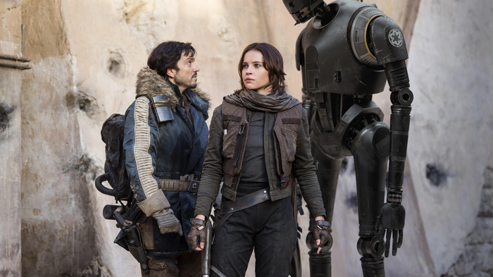 Jyn Erso, Cassian, and K-2SO from Rogue One: A Star Wars Story