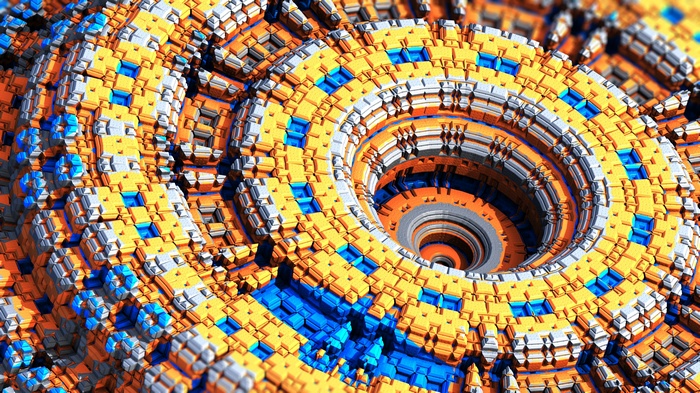 Complex fractal structure with orange, blue, and gray blocks