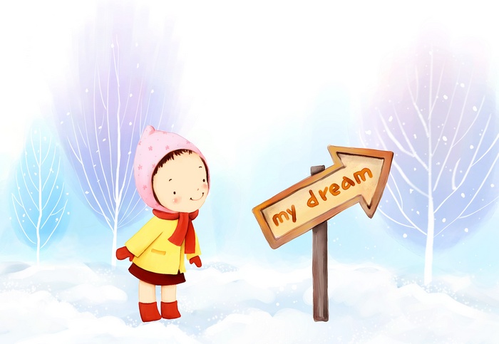 Cute child in winter looking at a signpost