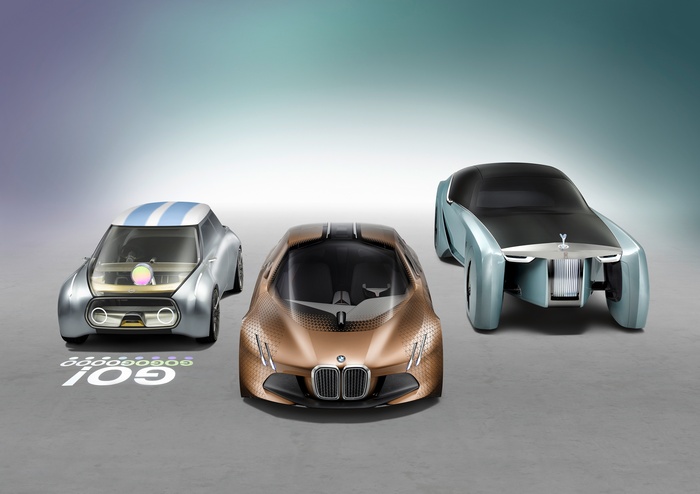 BMW Vision Next 100, Mini Vision Next 100, and Rolls Royce Vision Next 100 concept cars