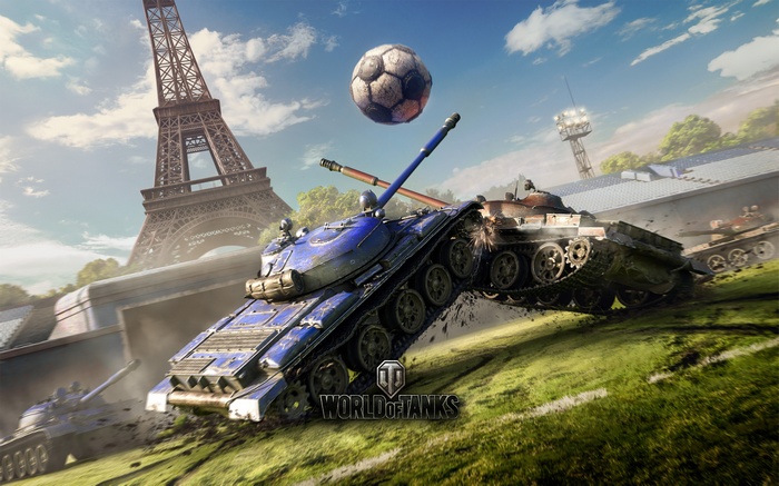 World of Tanks tanks playing football near Eiffel Tower