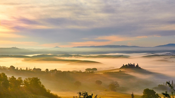 Tuscan Rolling Hills in Golden Morning Fog