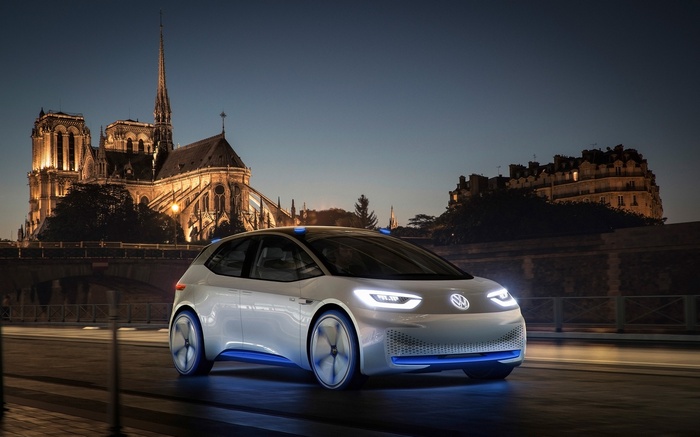 Volkswagen I.D. concept car driving in Paris at night