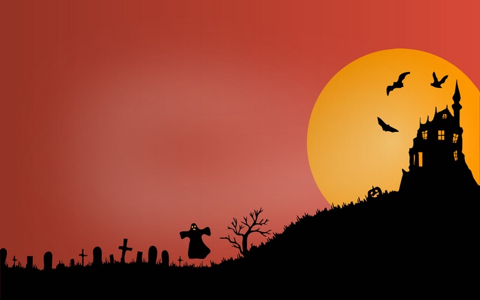 Halloween haunted castle graveyard with ghost and bats