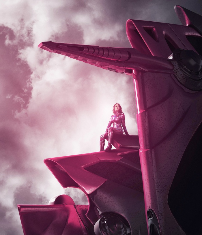 Kimberly Hart from Power Rangers sitting on a pink Zord