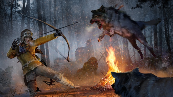 Lara Croft fighting wolves in Rise of the Tomb Raider