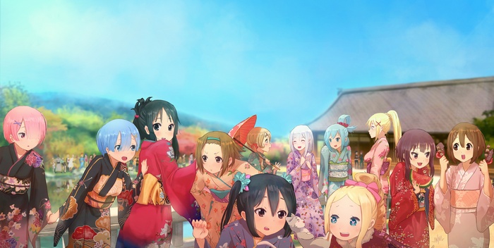 Anime characters in kimonos at a festival