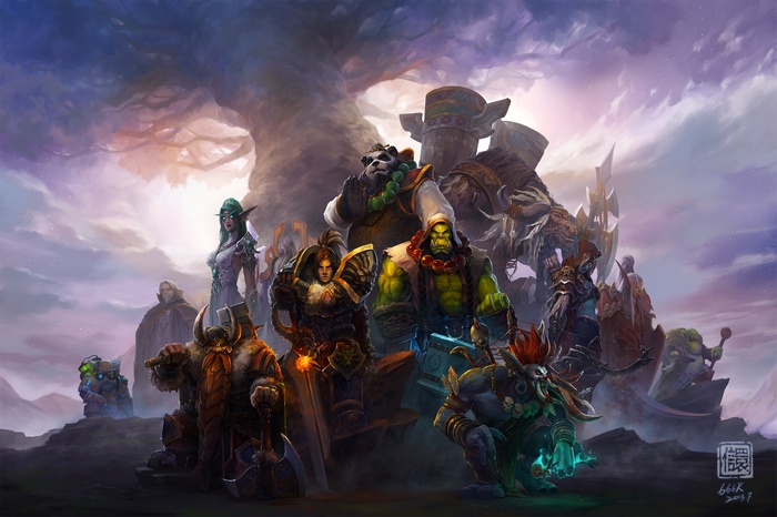 World of Warcraft characters gathered under a large tree