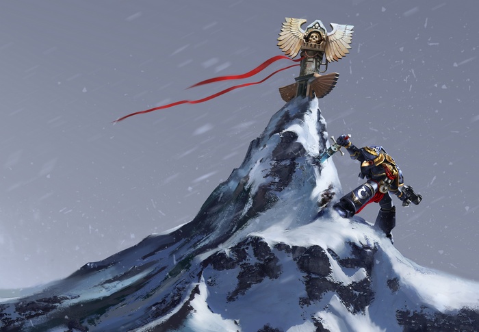 Space Marine from Warhammer 40,000 on a snowy mountain