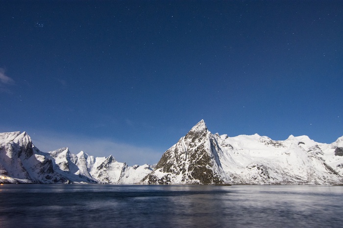 Snowy Mountains and Lake under Starry Sky in Norway