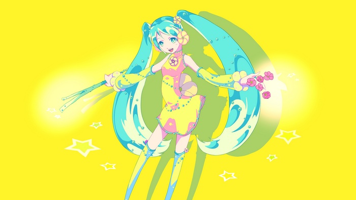 Hatsune Miku from Vocaloid in yellow and blue outfit