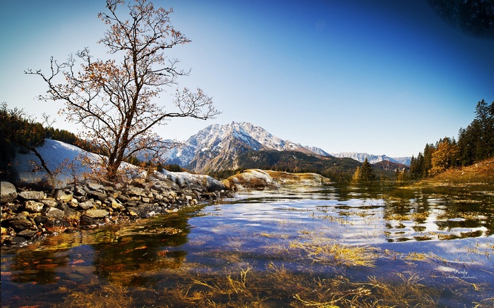 Mountain lake with autumn trees and snow