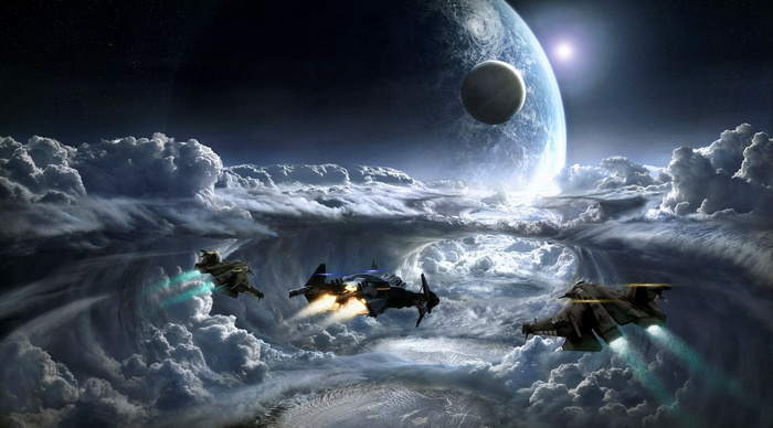 Spaceships flying through clouds near a planet