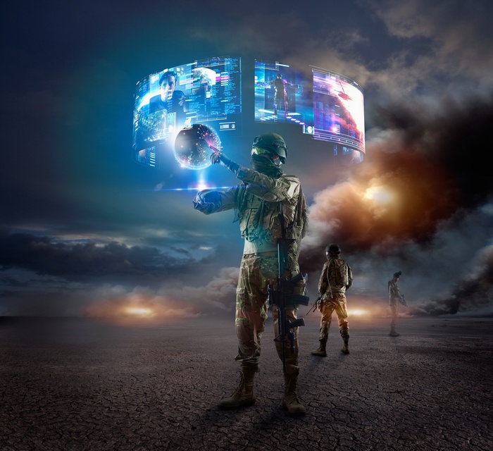 Soldiers interacting with futuristic virtual displays