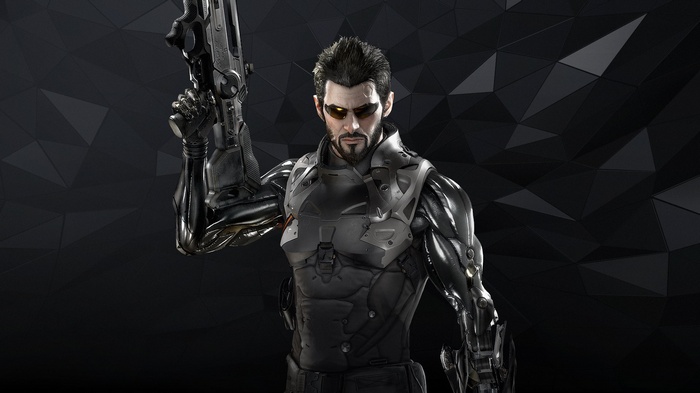 Adam Jensen from Deus Ex: Mankind Divided holding a gun