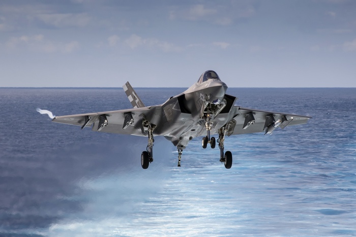 Lockheed Martin F-35 Lightning II landing over the ocean