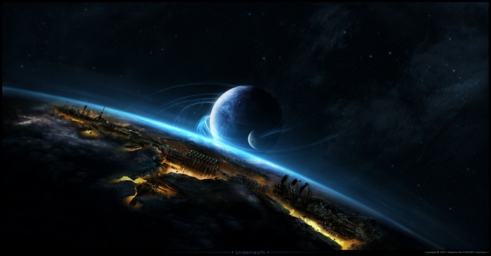 Alien planet with rings and moons