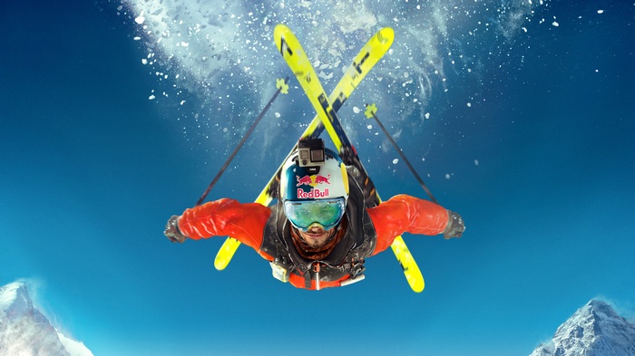 Skier in mid-air with Red Bull helmet