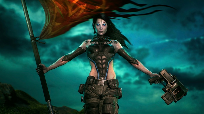 Necris from Unreal Tournament holding a flag and gun