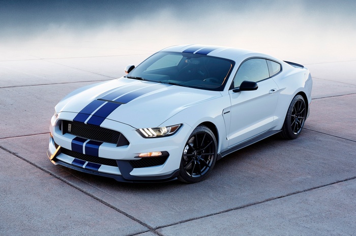 White Ford Mustang Shelby GT350 with Blue Stripes