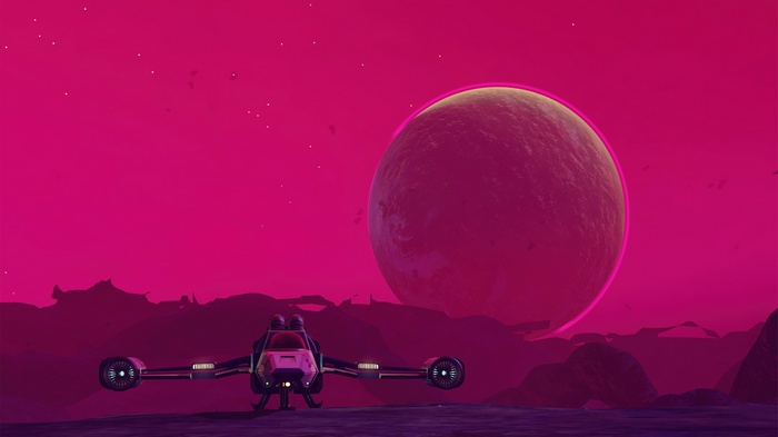 No Man's Sky spaceship on alien planet with large moon