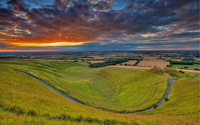 Rolling green hills and fields at sunset