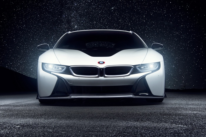 White BMW i8 with Vorsteiner Aero Program under stars