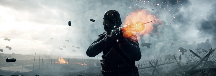 Soldier firing a gun in a battlefield