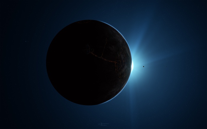 Planet with glowing cities during eclipse