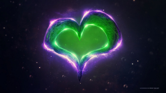 Green and purple glowing heart in space