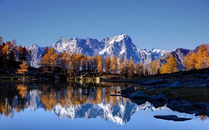 Mont Blanc and Autumn Trees Reflected in Lake