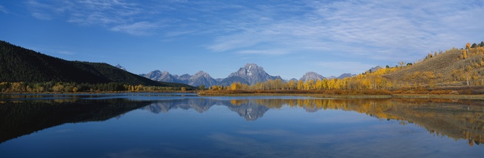 Panorama of Mountains and Lake with Autumn Foliage