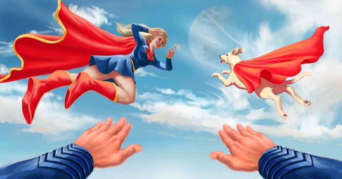 Supergirl and Krypto the Superdog flying in the sky