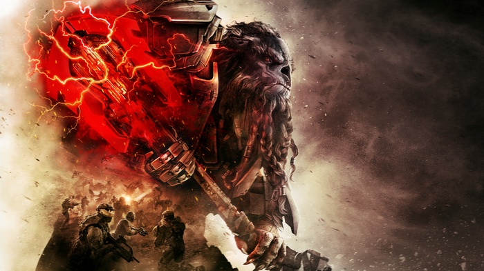 Atriox from Halo Wars 2 with energy weapon