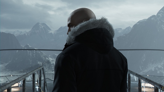 Agent 47 from Hitman in snowy mountains