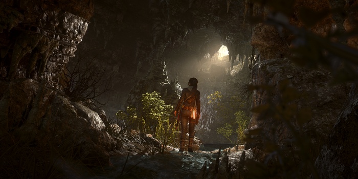 Lara Croft from Rise of the Tomb Raider in a cave