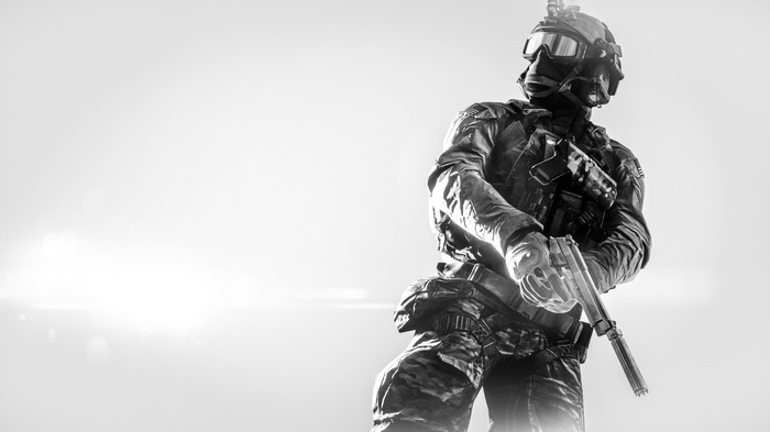 Soldier with gas mask and rifle in Battlefield 4
